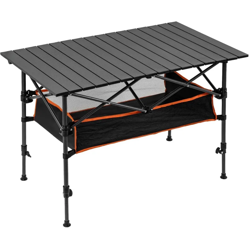 Outdoor Camping Table With Storage - 収納バスケット付きキャンプテーブル 折りたたみ式ピクニックテーブル 屋内外兼用 軽量 防錆 高さ調整可能
