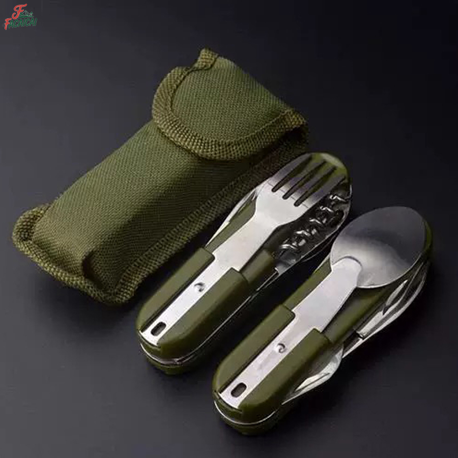 Outdoor Camping Utensils - キャンプ用品 5-in-1 ステンレス製トラベルセット、多機能折りたたみ式アウトドア食器