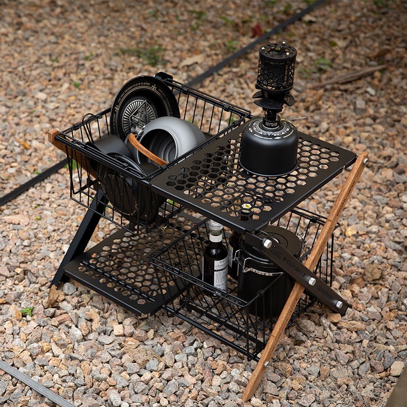 ポータブル折りたたみキャンプテーブルバスケット多層収納バスケ - Outdoor Camping Cooking Table のレビューと価格