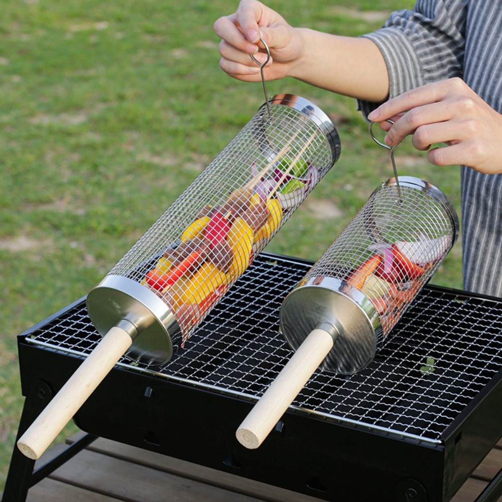 ステンレス製回転式BBQグリルバスケット、木製ハンドル付き回 - Outdoor Camping Cooking Set のレビューと価格