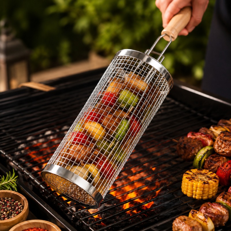 丸型バーベキューグリルバスケットセット ステンレス製回転式ス - Outdoor Camping Cooking Set のレビューと価格