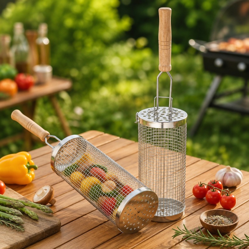 丸型バーベキューグリルバスケットセット ステンレス製回転式ス - Outdoor Camping Cooking Set のレビューと価格